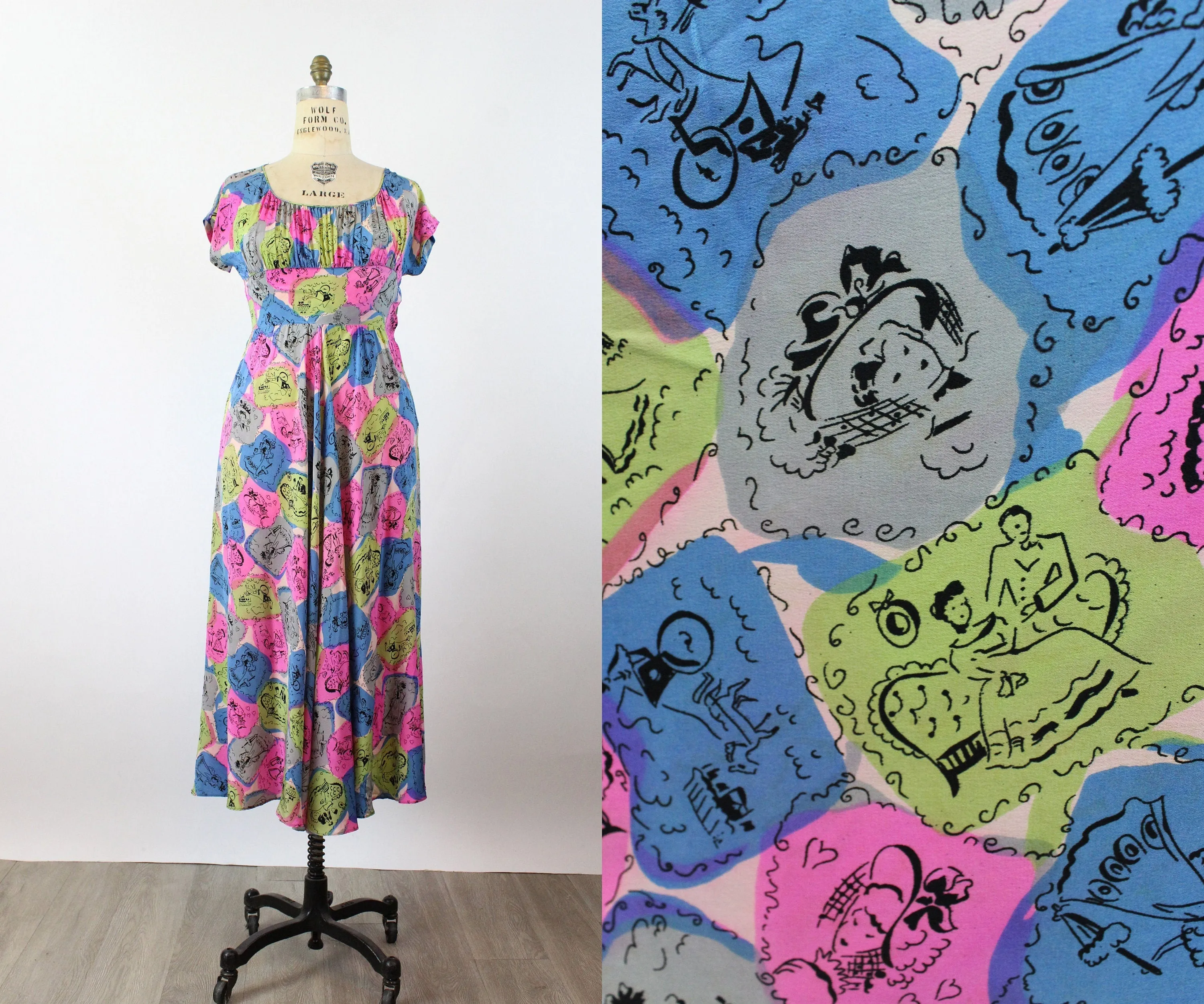1940s women NOVELTY PRINT rayon gown dress medium | new spring summer