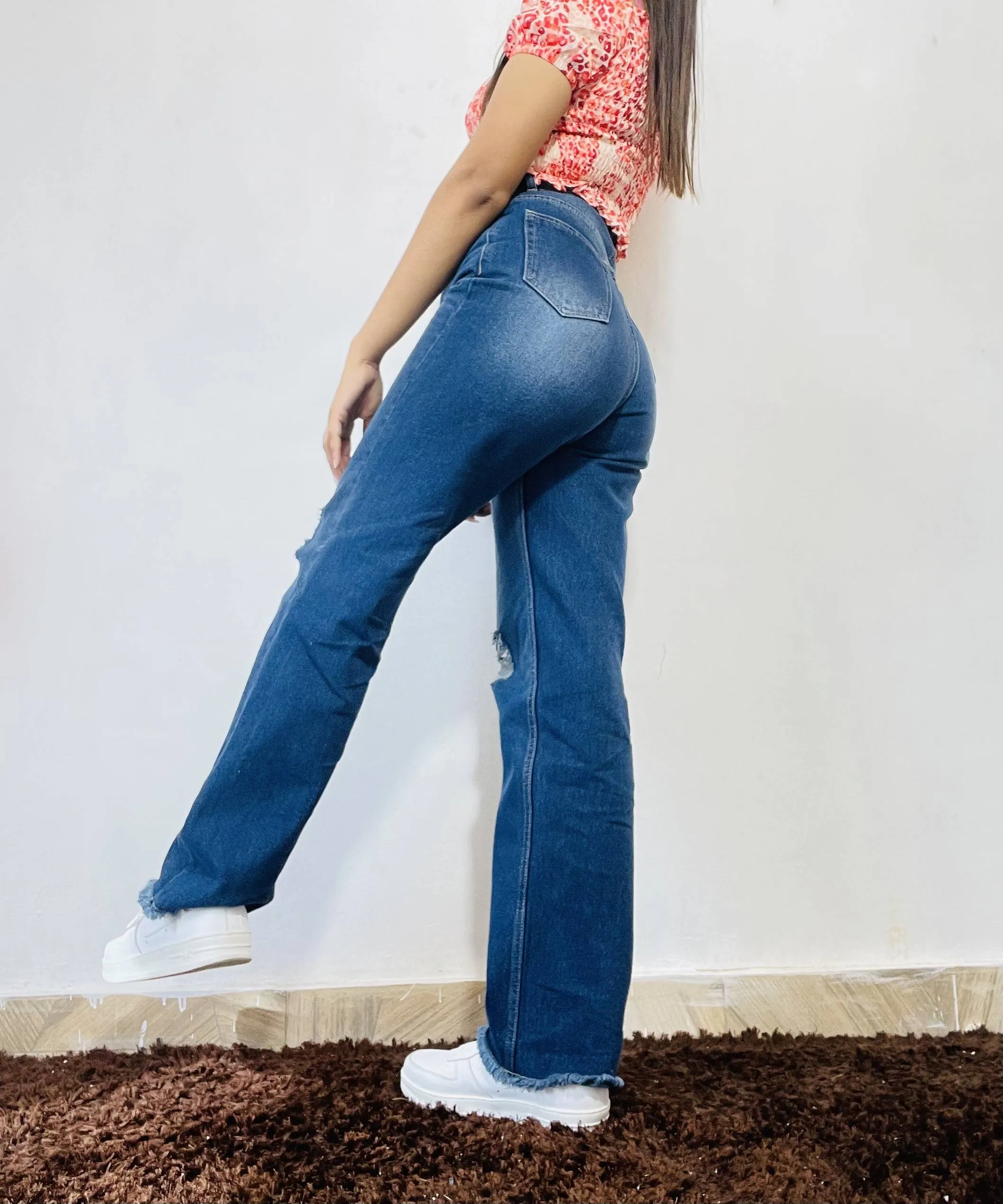 AAFROSE DARK BLUE STRAIGHT LEG DISTRESS JEANS