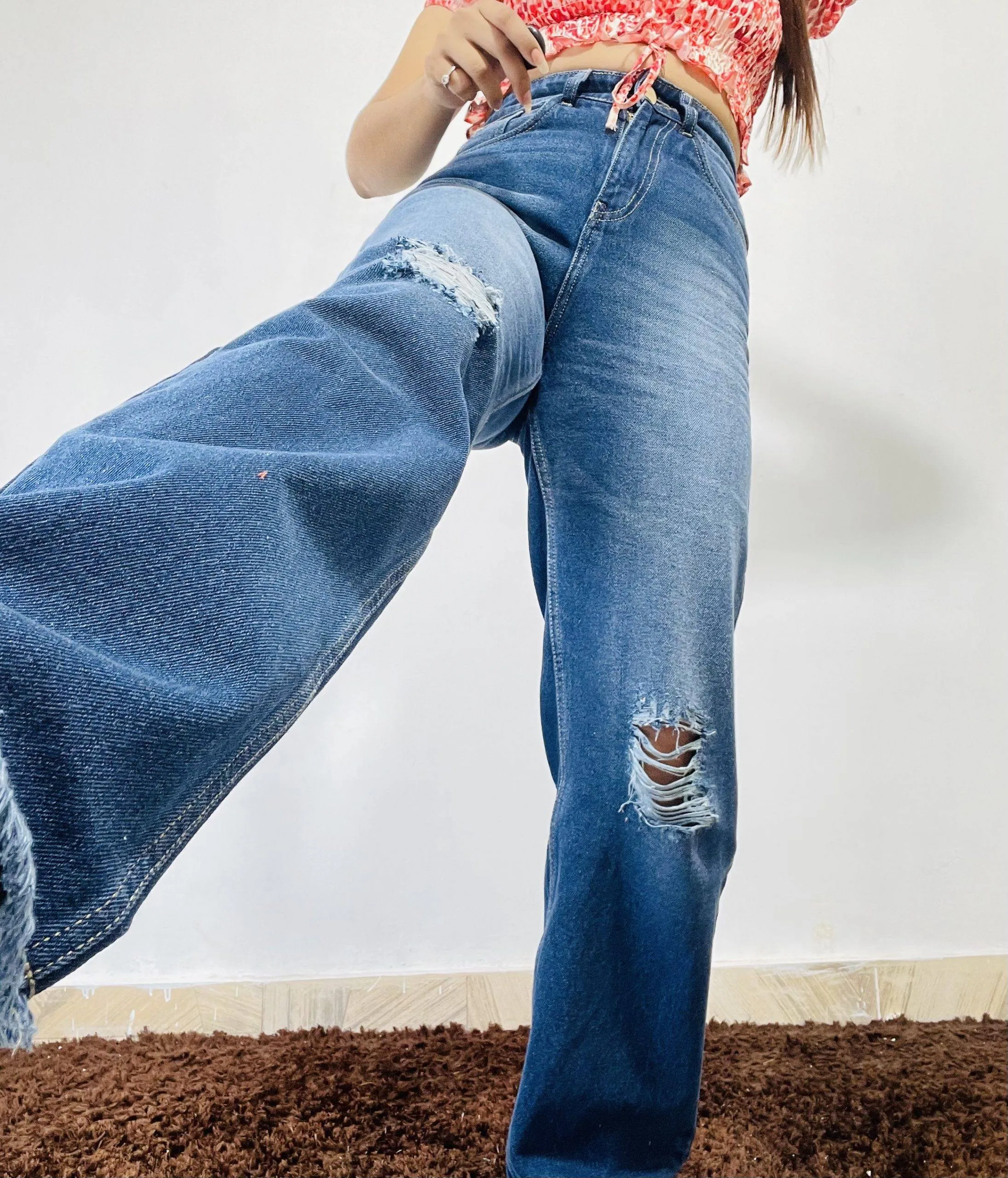 AAFROSE DARK BLUE STRAIGHT LEG DISTRESS JEANS