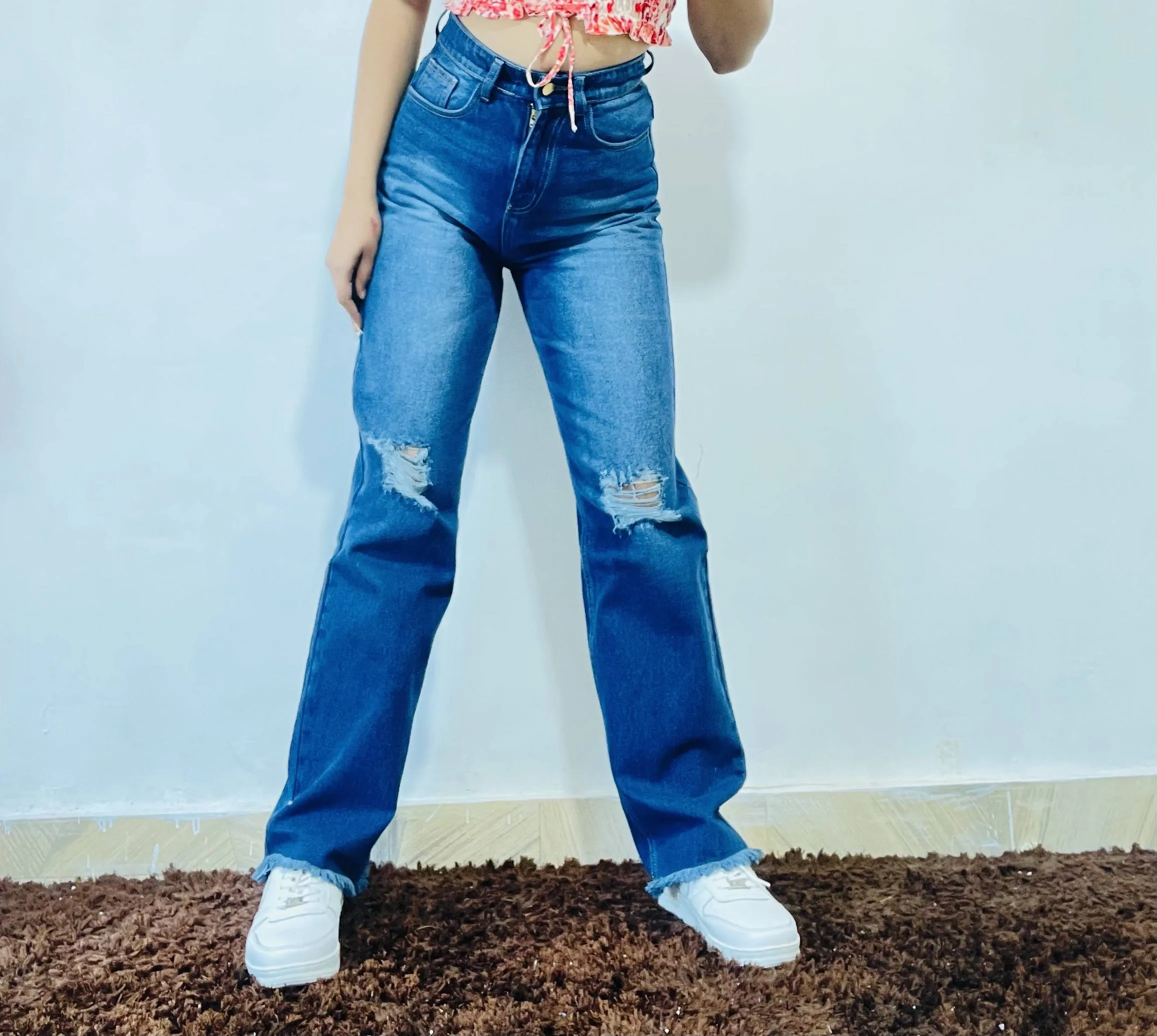 AAFROSE DARK BLUE STRAIGHT LEG DISTRESS JEANS