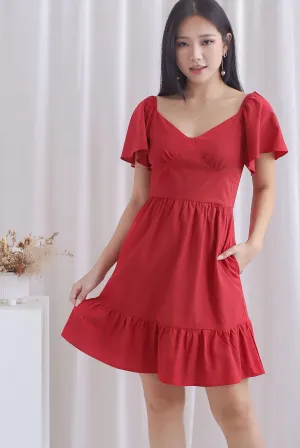 Aenor Bustier Sleeved Ruffle Romper Dress In Red