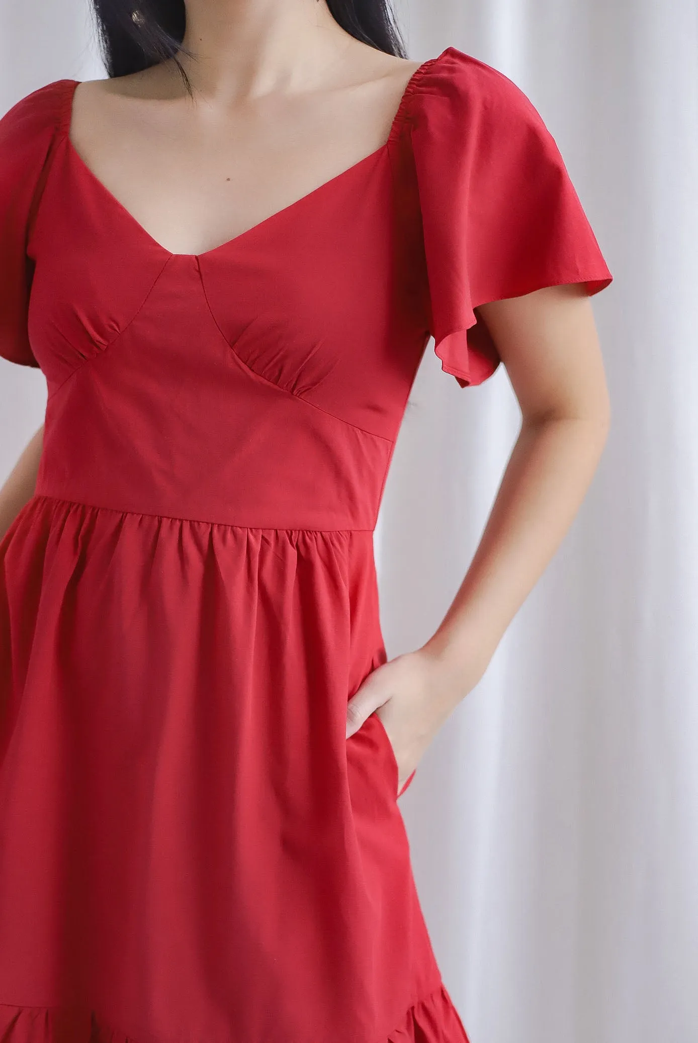 Aenor Bustier Sleeved Ruffle Romper Dress In Red