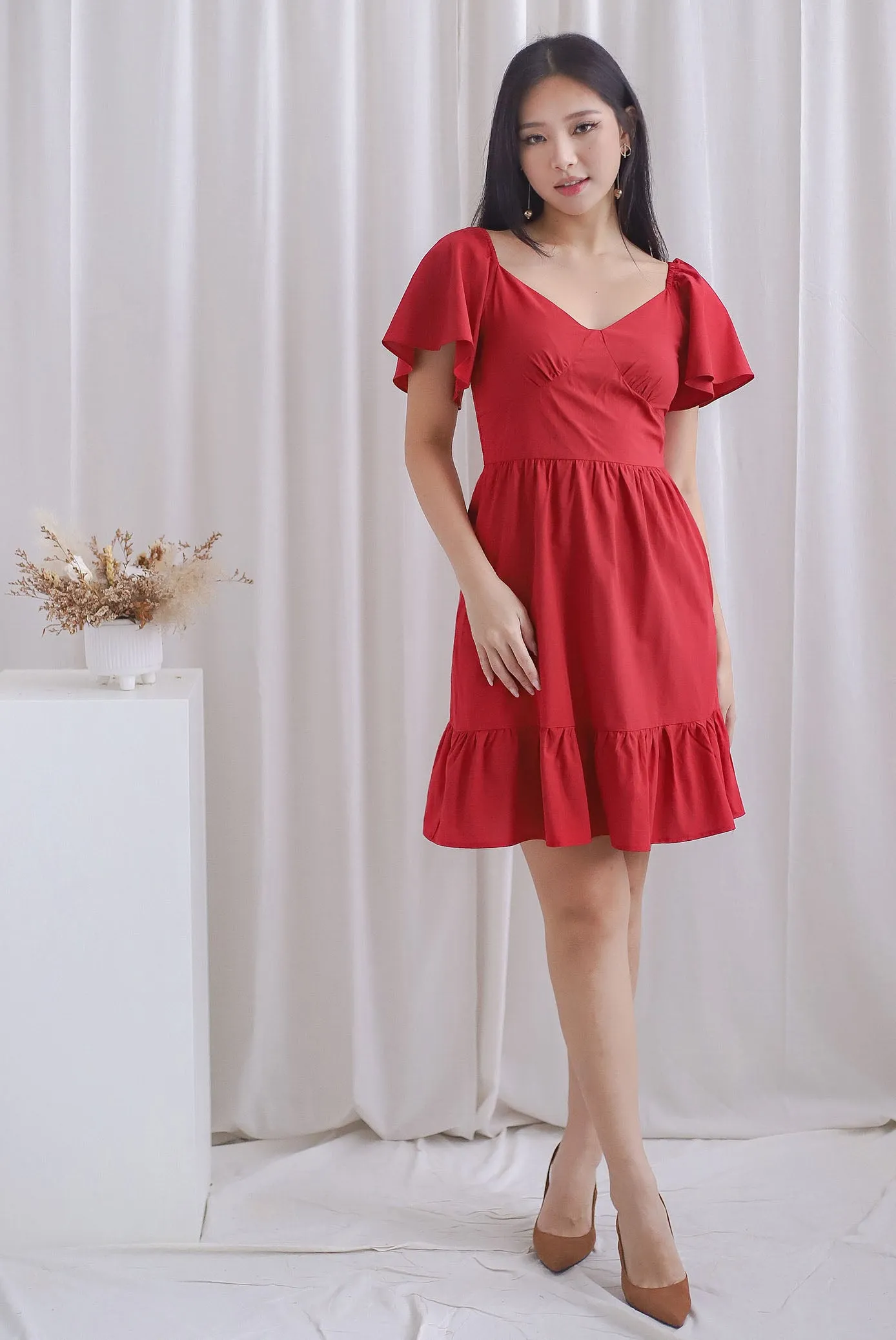 Aenor Bustier Sleeved Ruffle Romper Dress In Red