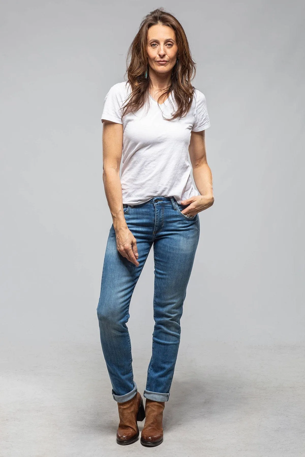 Alma Selvedge Denim Retro Straight Leg In Ripped & Repaired Mid Light Blue