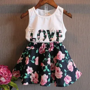 Arrival Cute Kid Girls Baby 2 Piece Sleeveless T-shirt Top Floral Lace Dress Suit Outfit