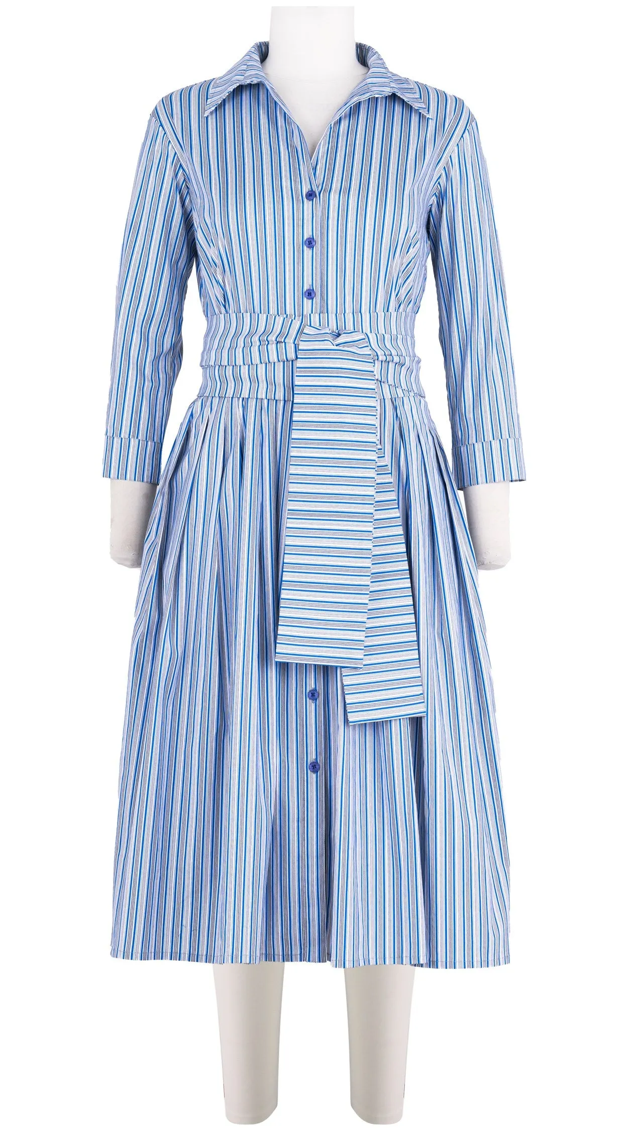 Audrey Dress #2 Shirt Collar 3/4 Sleeve Long Length Cotton Stretch (Napoli Stripe Bright)