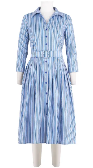 Audrey Dress #2 Shirt Collar 3/4 Sleeve Long Length Cotton Stretch (Napoli Stripe Bright)