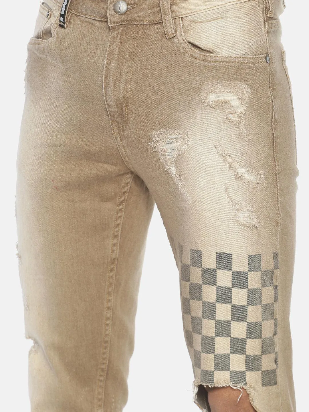 Beige ripped printed denim jeans