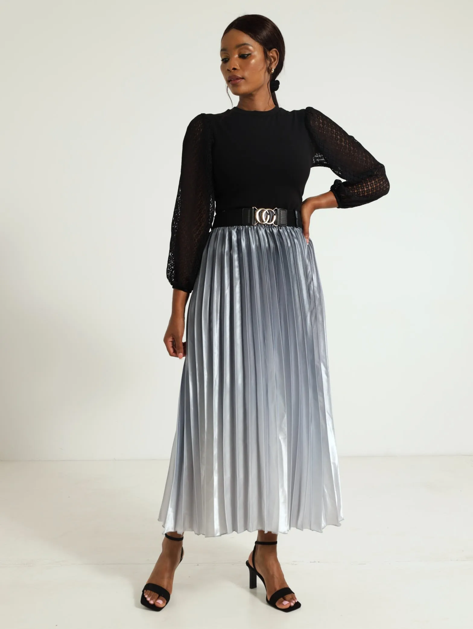 Belted Ombre Pleated Midi Skirt