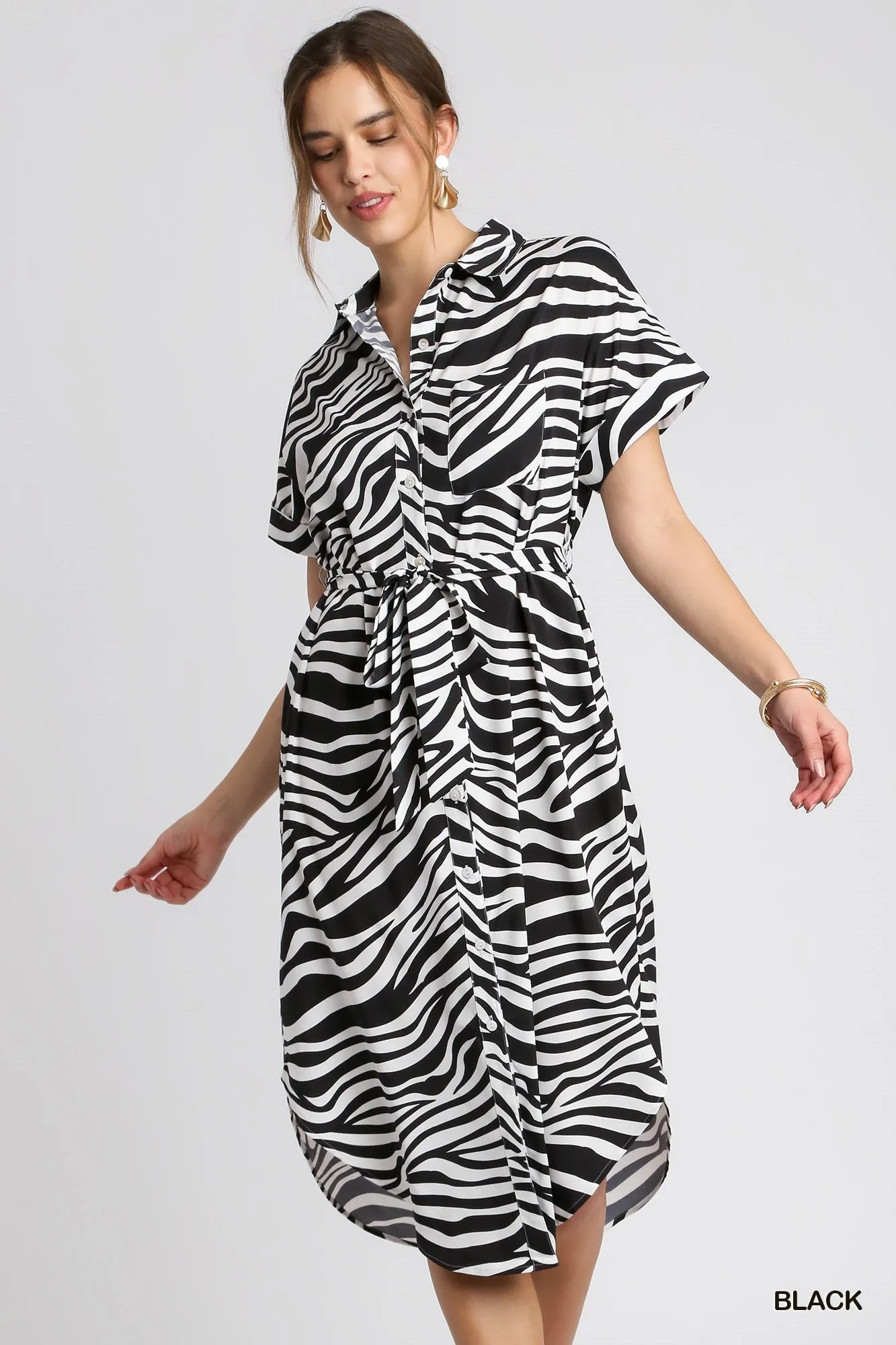Black & White Zebra Print Midi Shirt Dress