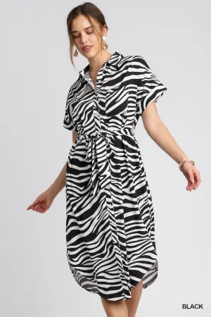 Black & White Zebra Print Midi Shirt Dress