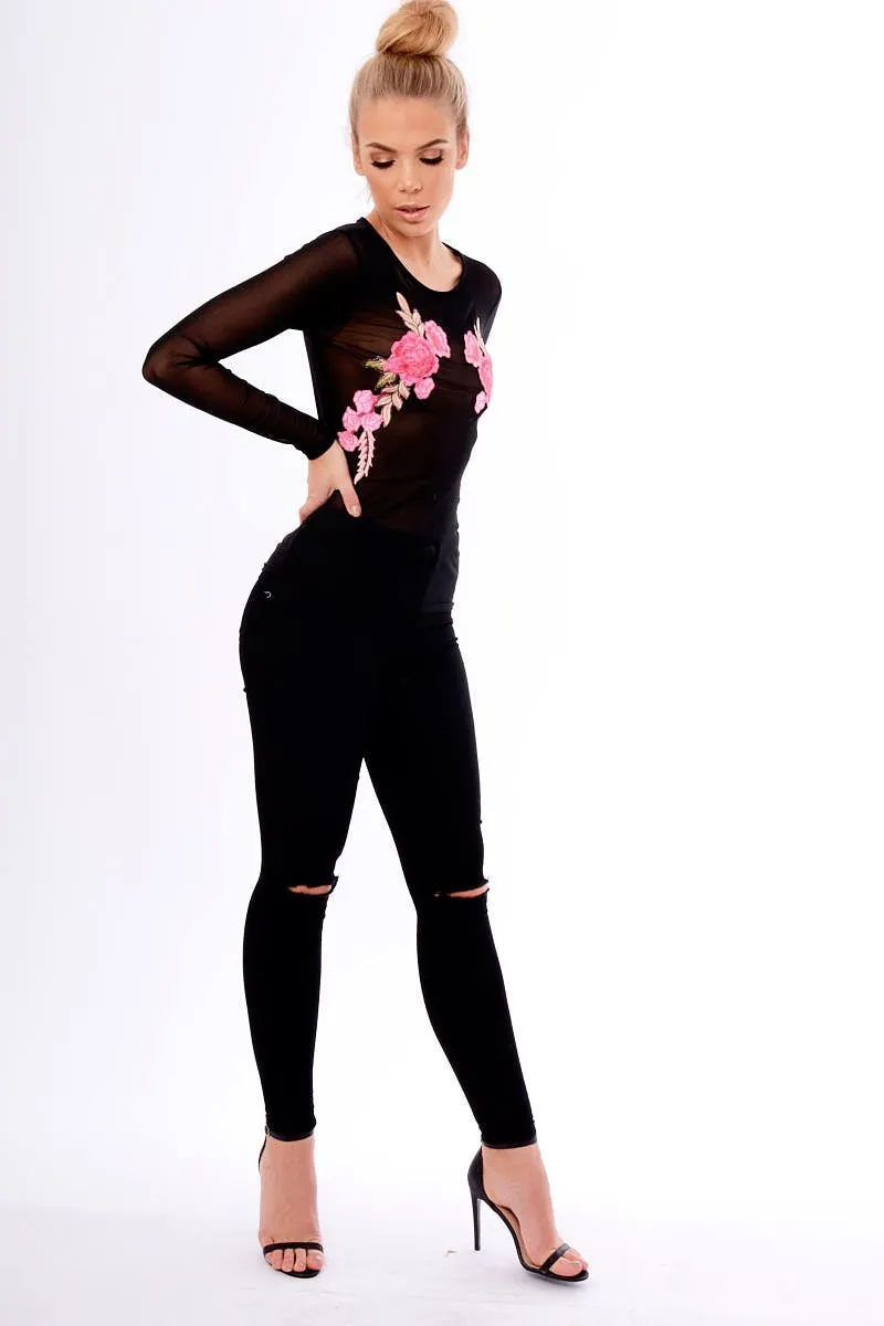Black Mesh Floral Embroidered Long Sleeve Top - Lisha