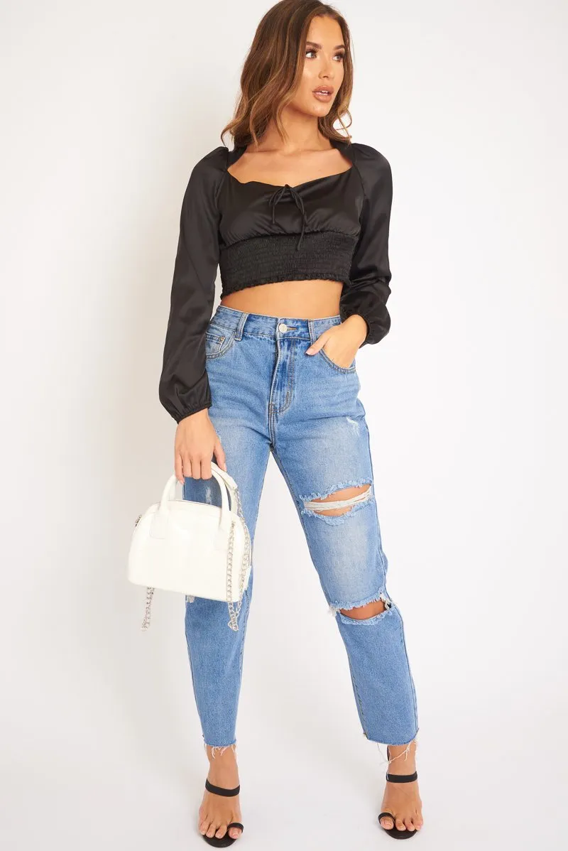 Black Shirred Long Sleeve Strap Back Detail Crop Top -Traniyah