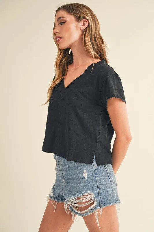 Black V-Neck Short Sleeve Cropped T-Shirt