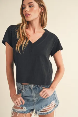 Black V-Neck Short Sleeve Cropped T-Shirt