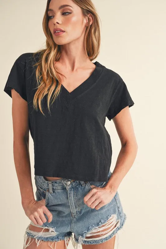 Black V-Neck Short Sleeve Cropped T-Shirt