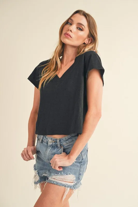 Black V-Neck Short Sleeve Cropped T-Shirt