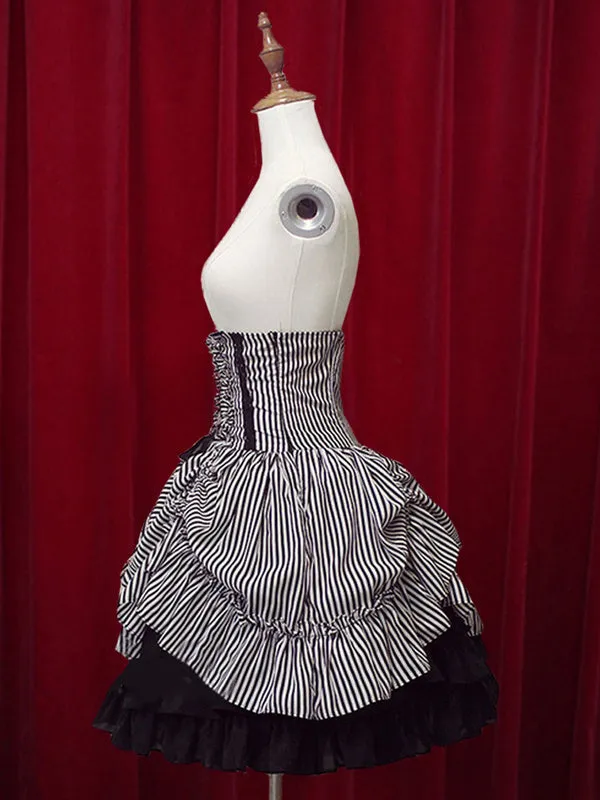 Black White Stripe High Waist Lolita Skirt Cotton Lace Up