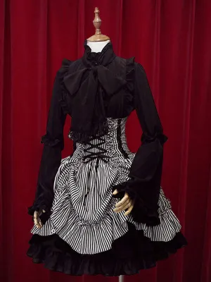 Black White Stripe High Waist Lolita Skirt Cotton Lace Up