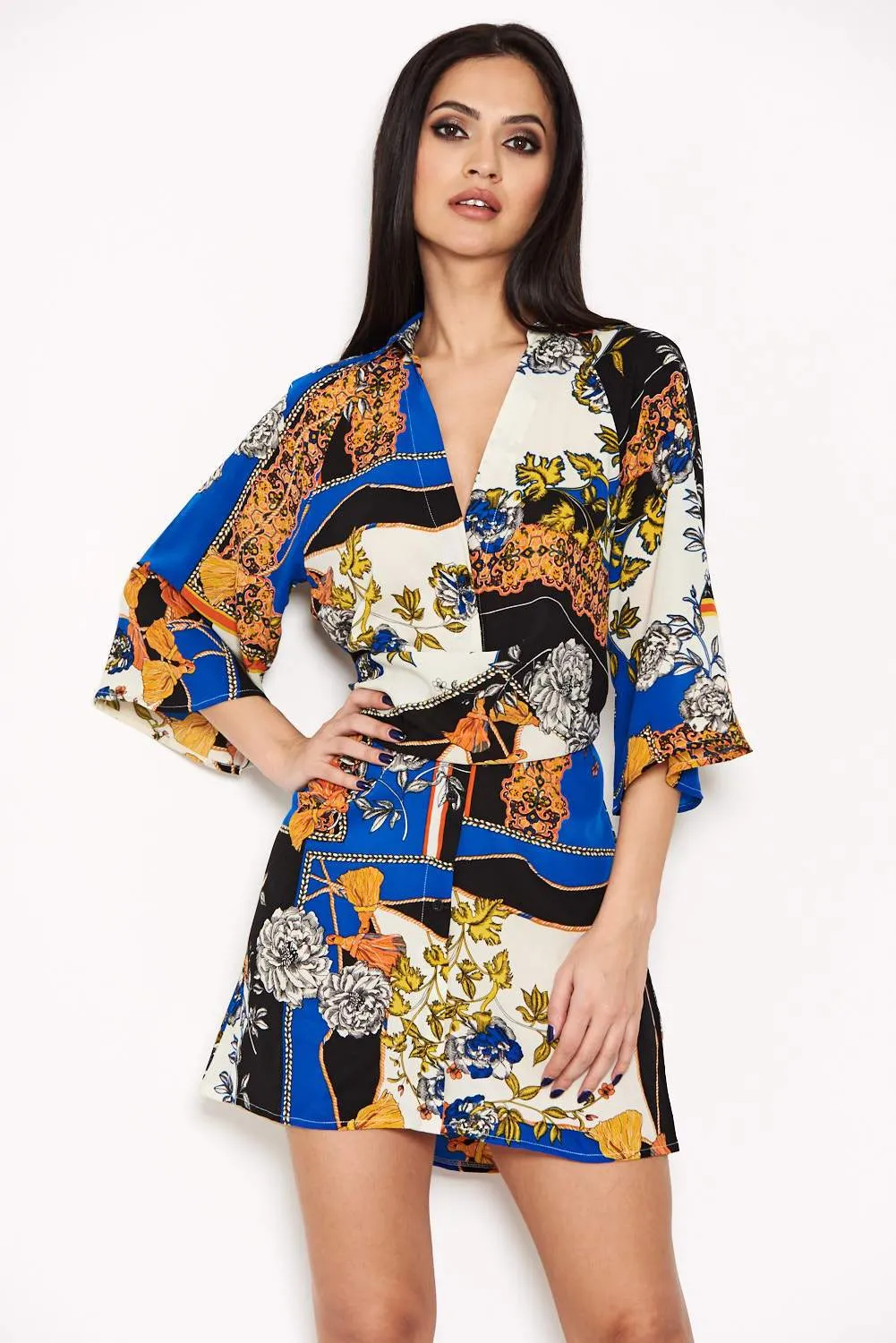 Blue Printed Knot Front Shirt Dress