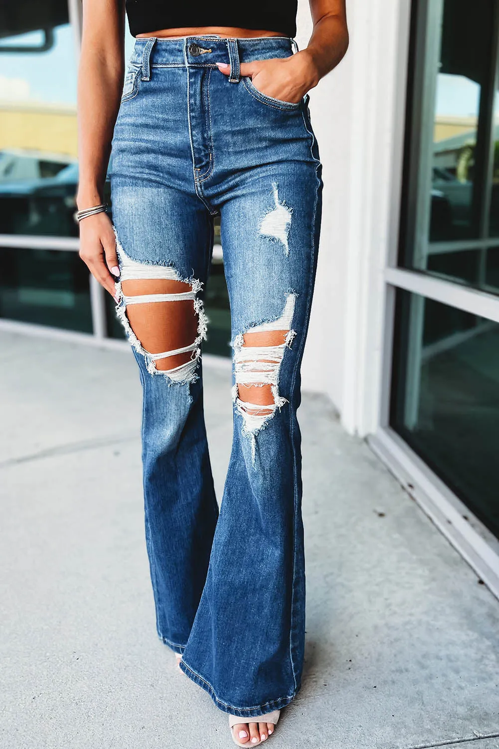 Blue Ripped Cutout Flare Leg Jeans