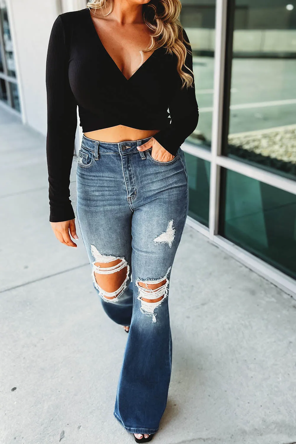 Blue Ripped Cutout Flare Leg Jeans