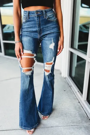 Blue Ripped Cutout Flare Leg Jeans
