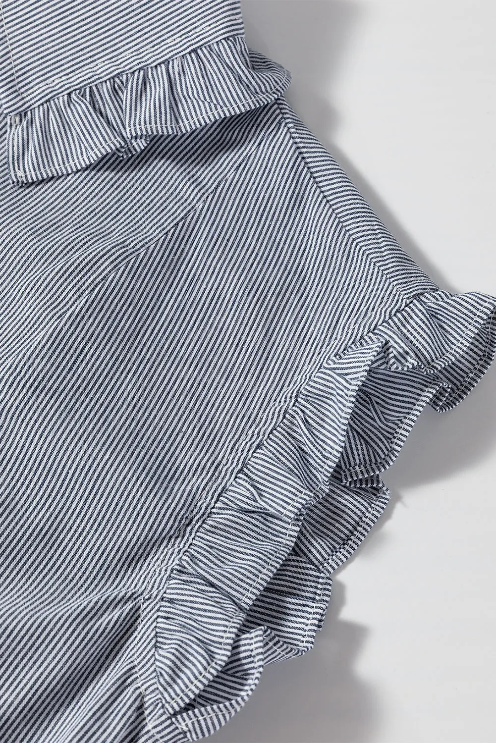Blue Stripe Frilled Sleeveless Collar Front Pocket Button Up Mini Dress