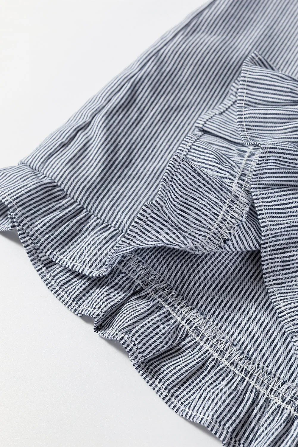 Blue Stripe Frilled Sleeveless Collar Front Pocket Button Up Mini Dress