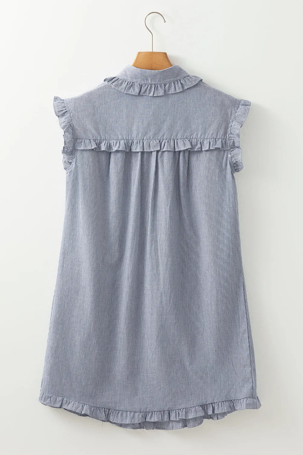Blue Stripe Frilled Sleeveless Collar Front Pocket Button Up Mini Dress
