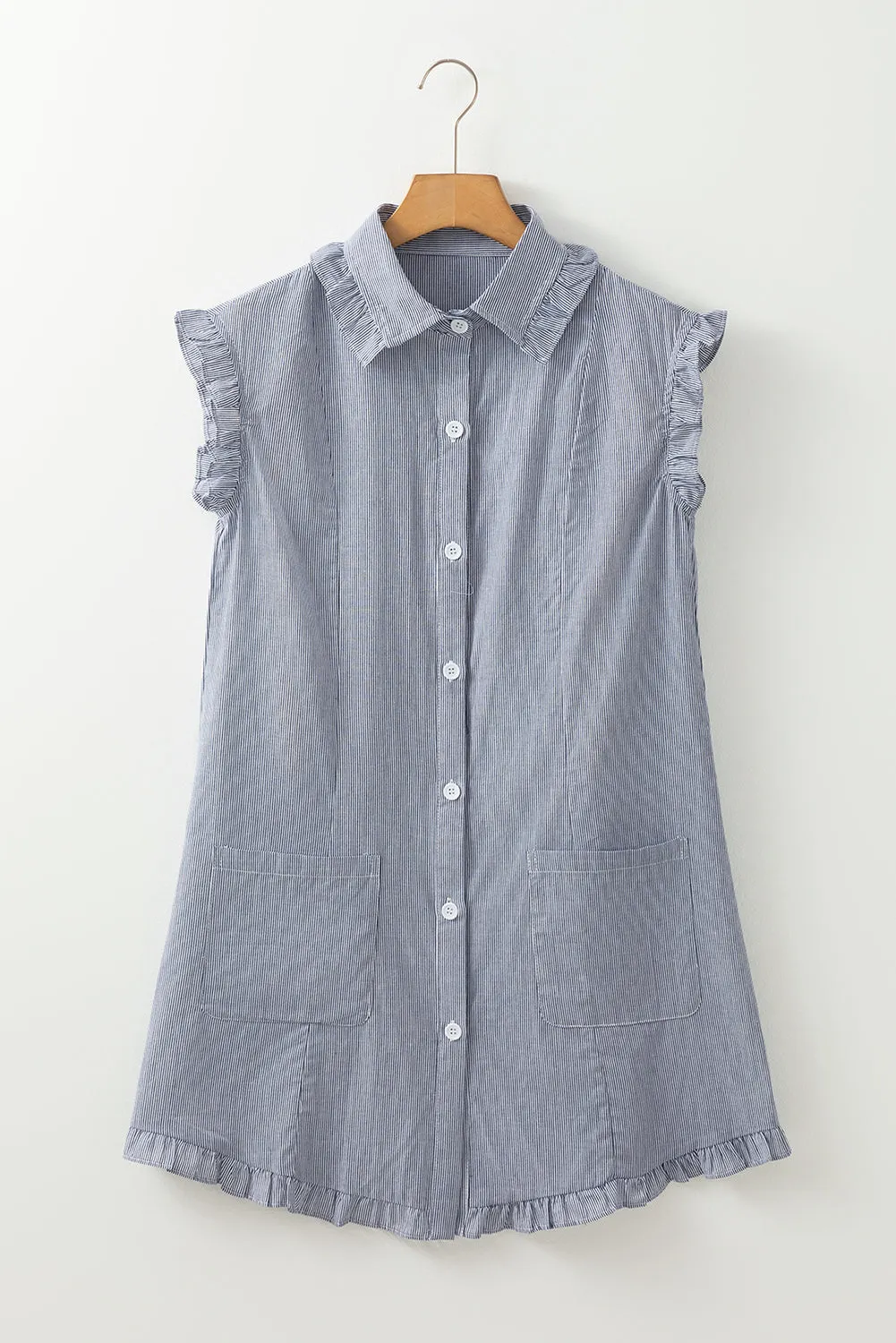 Blue Stripe Frilled Sleeveless Collar Front Pocket Button Up Mini Dress