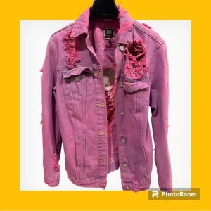 Boom boom jeans distressed shredded ripped denim jacket rose pink wash S