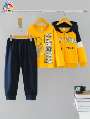 Boys Casual Set, 3pcs Regular Fit, Long Sleeve Pullover Sweatshirt And Zipper Hoodie And Pants,FS