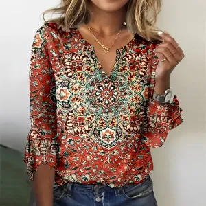 Brooklynn® | Printed V-Neck T-Shirt With Flared Sleeves For Women