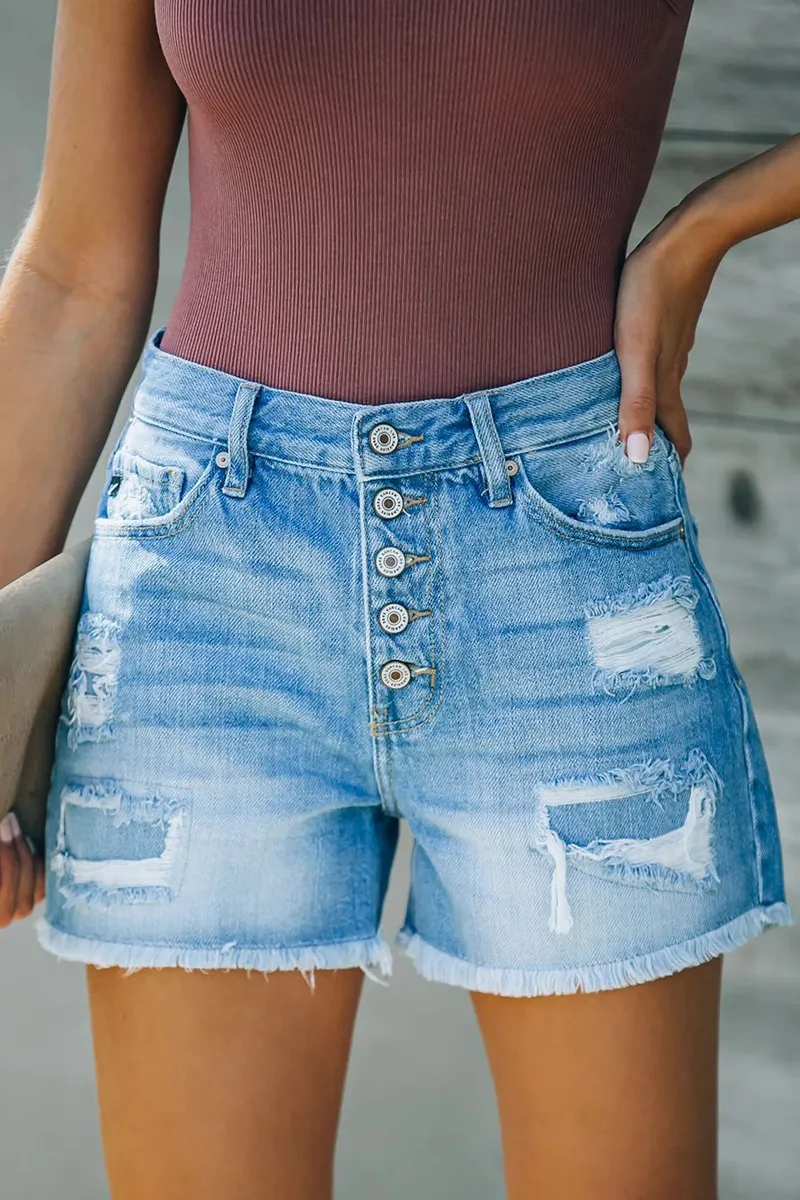 Casual Daily Solid Ripped High Waist Straight Denim Shorts