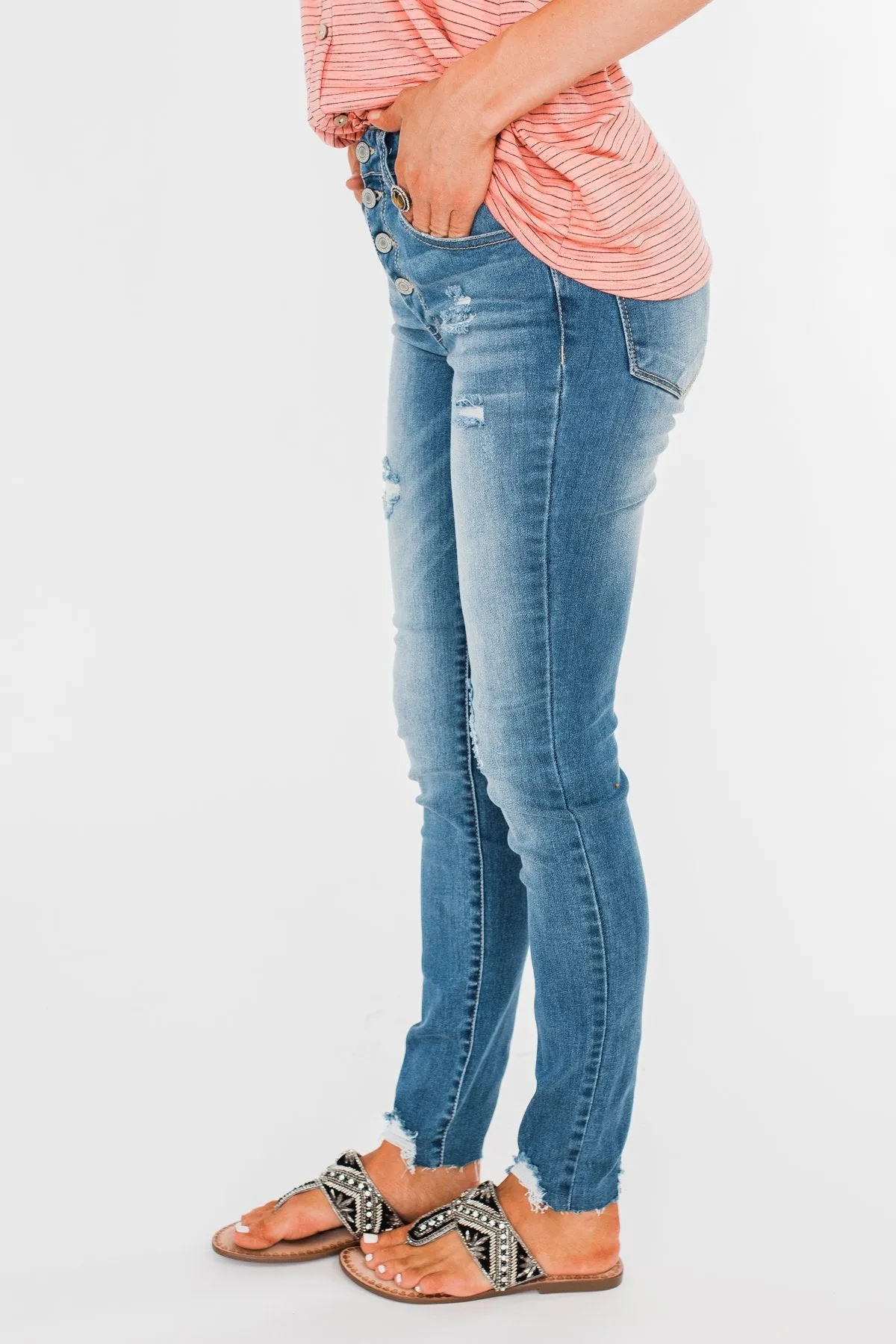 C'est Toi Distressed Button Fly Skinnies- Medium Emily Wash