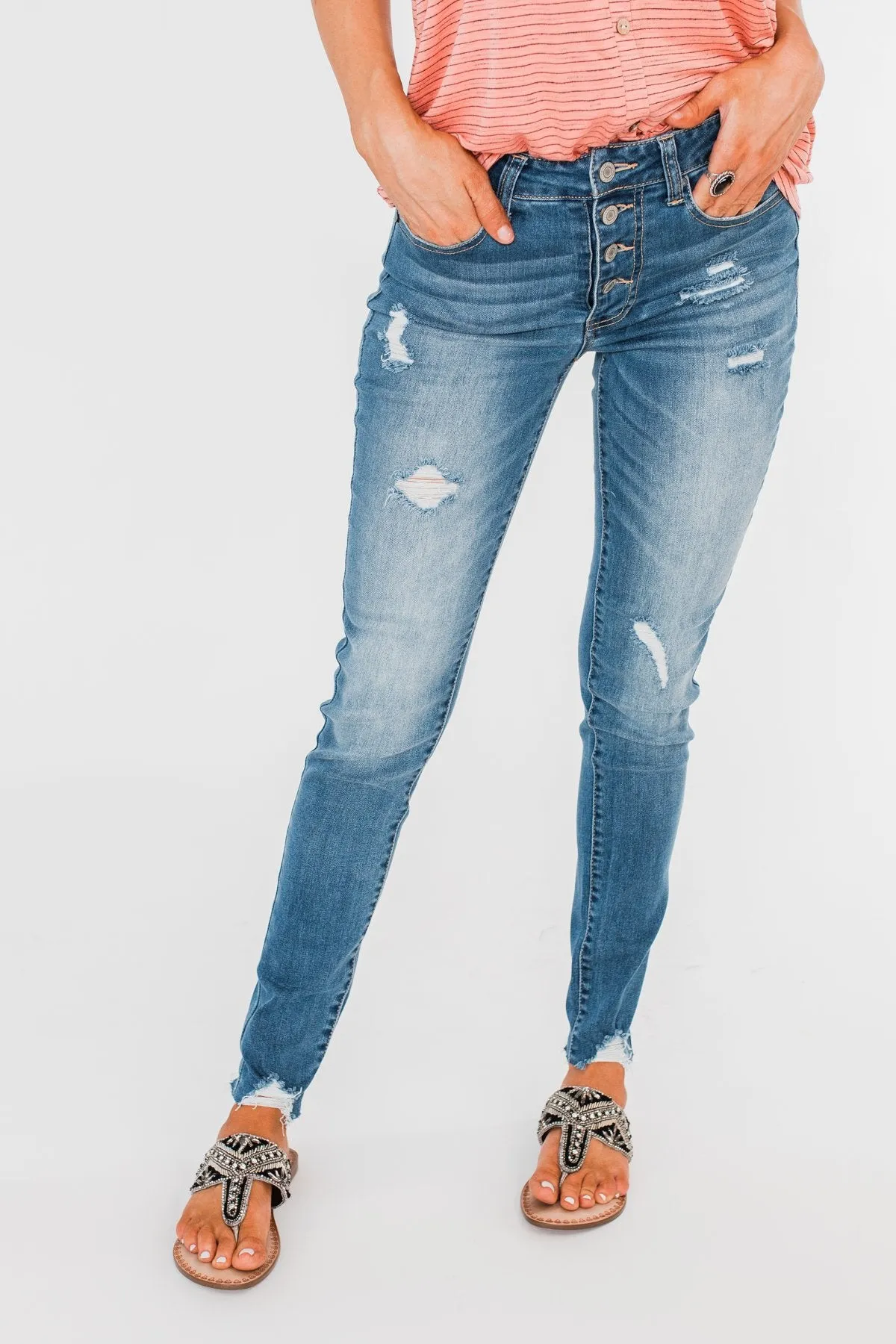 C'est Toi Distressed Button Fly Skinnies- Medium Emily Wash