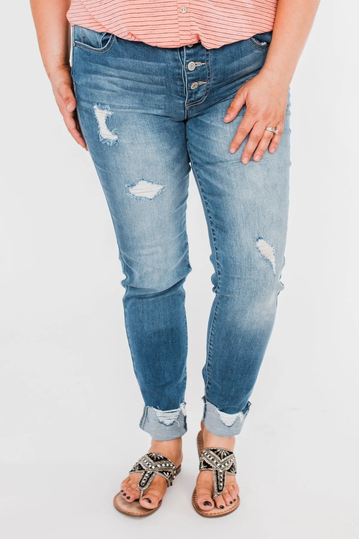 C'est Toi Distressed Button Fly Skinnies- Medium Emily Wash