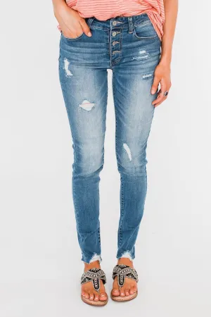 C'est Toi Distressed Button Fly Skinnies- Medium Emily Wash