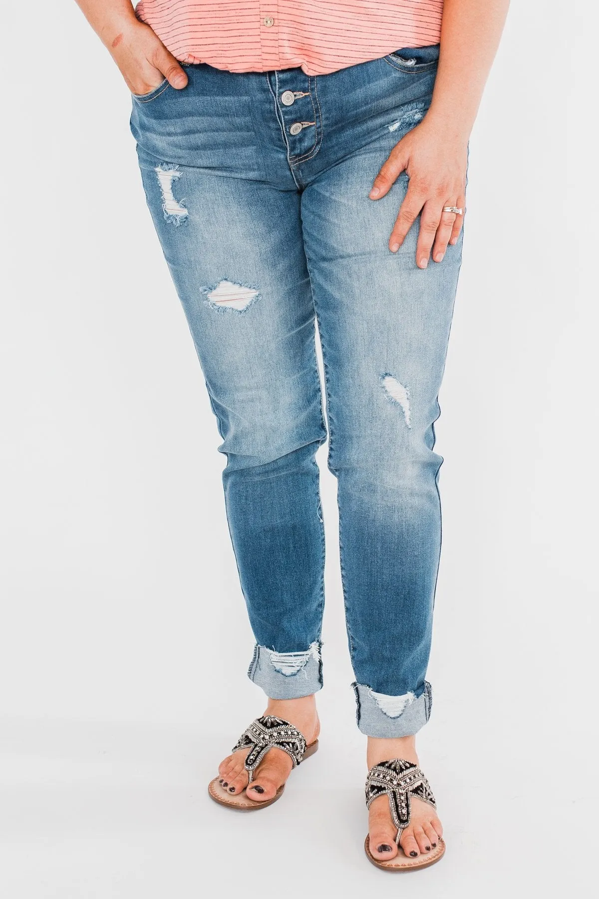 C'est Toi Distressed Button Fly Skinnies- Medium Emily Wash