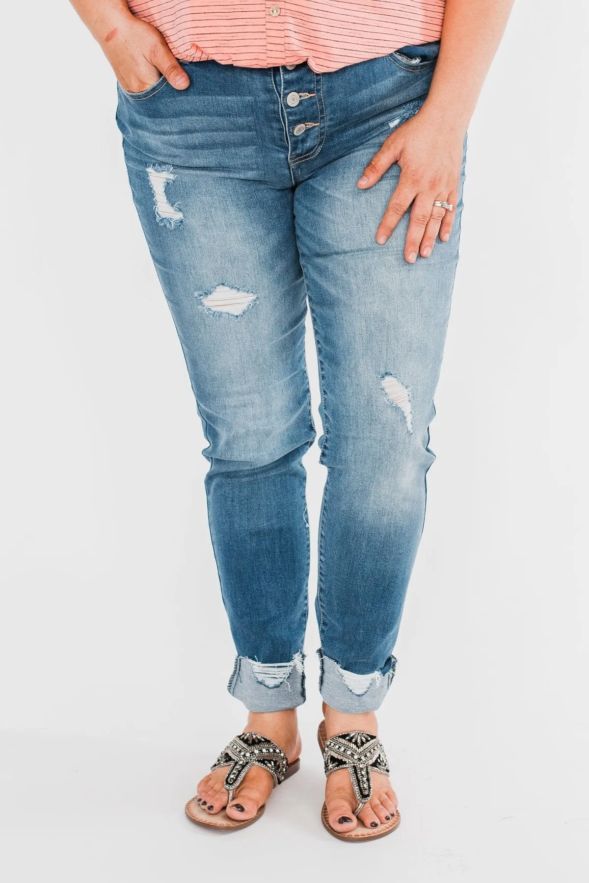 C'est Toi Distressed Button Fly Skinnies- Medium Emily Wash