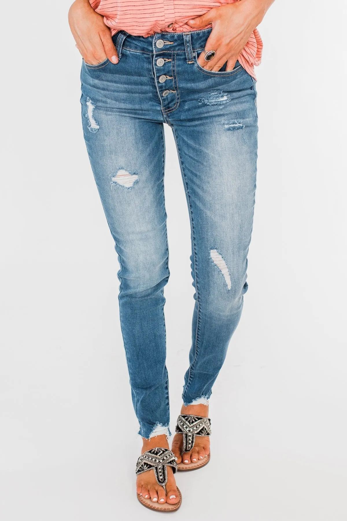 C'est Toi Distressed Button Fly Skinnies- Medium Emily Wash