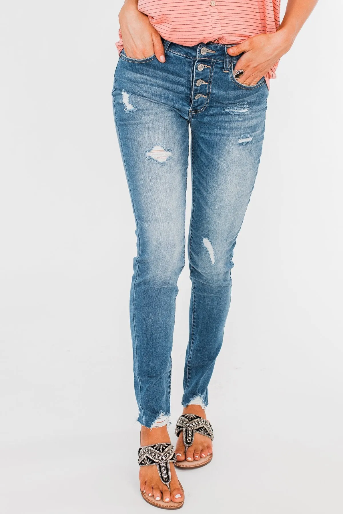 C'est Toi Distressed Button Fly Skinnies- Medium Emily Wash