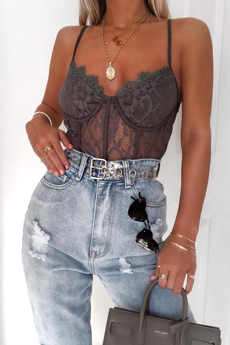 Charcoal Lace Flower Bodysuit - Faylen