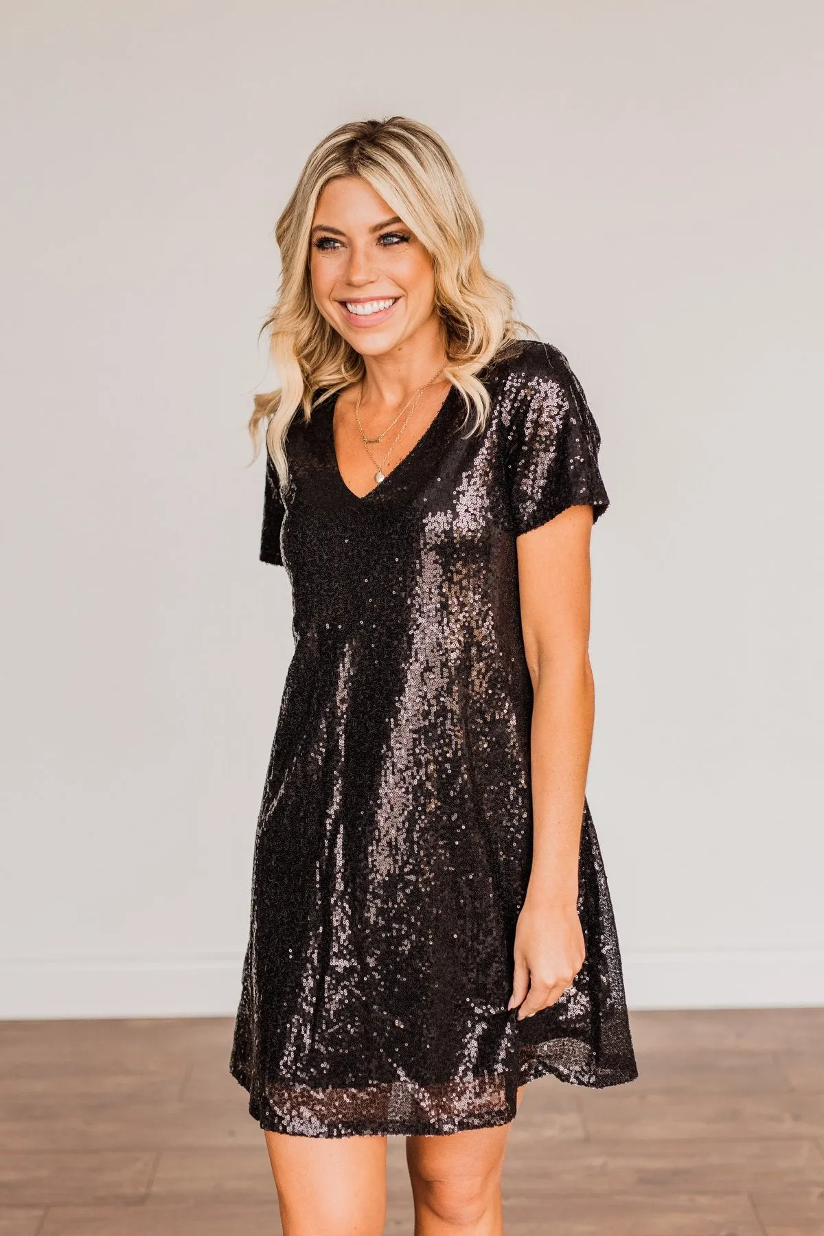 Chateau Dreams V-Neck Sequin Dress- Black