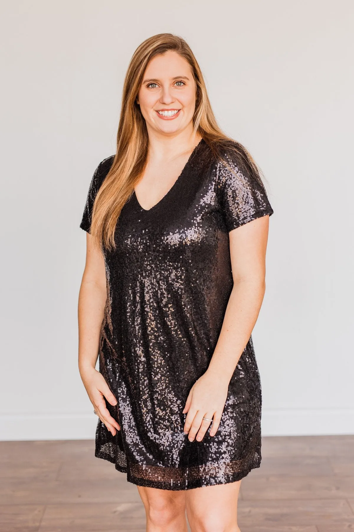 Chateau Dreams V-Neck Sequin Dress- Black