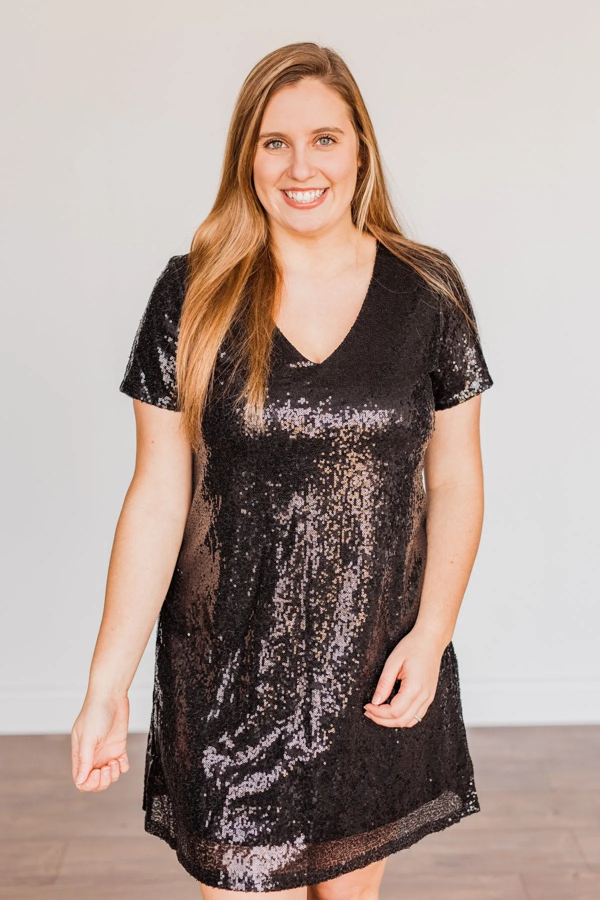 Chateau Dreams V-Neck Sequin Dress- Black