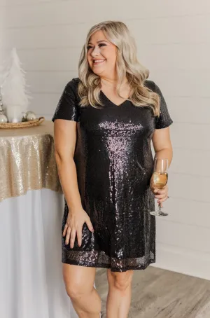 Chateau Dreams V-Neck Sequin Dress- Black