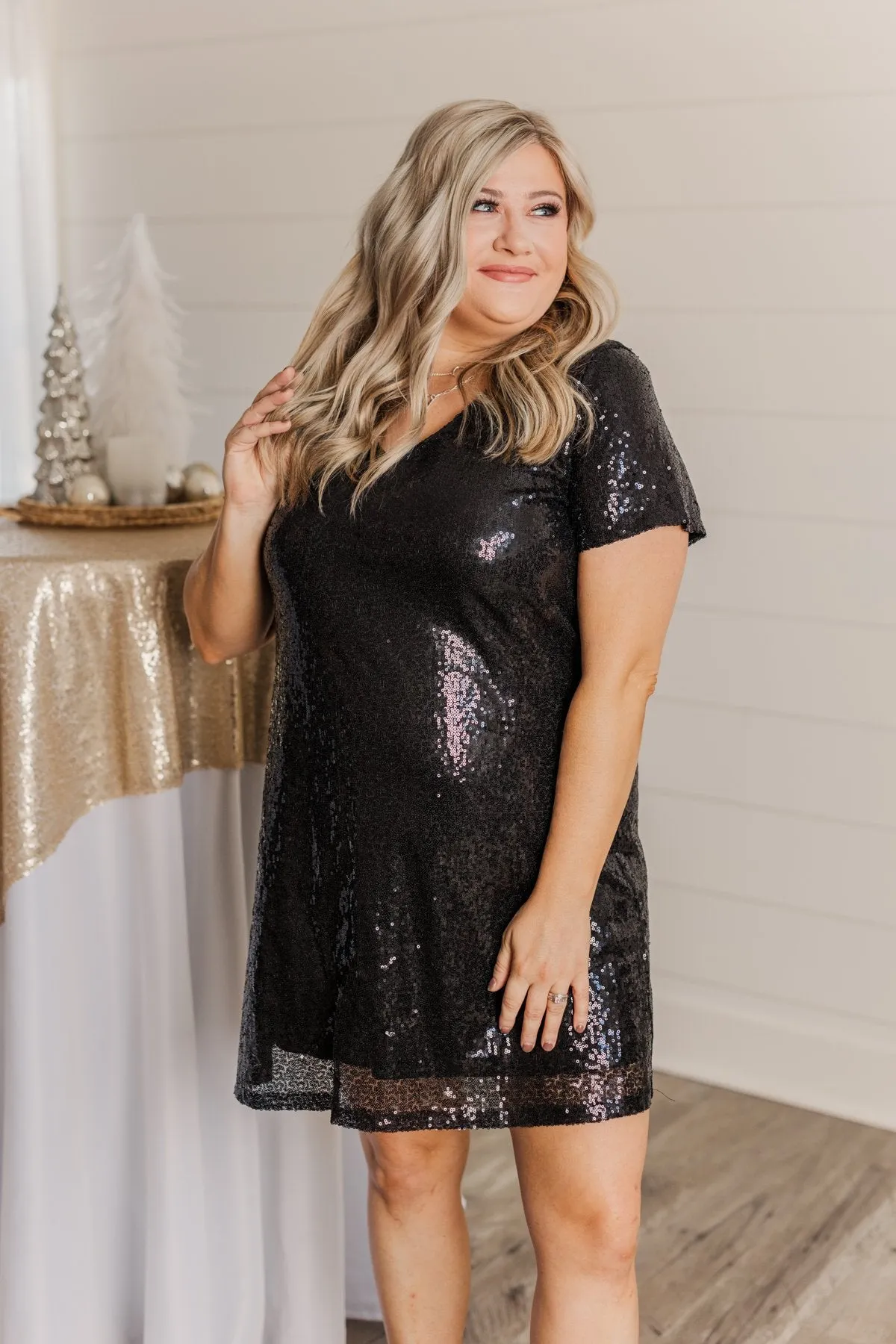 Chateau Dreams V-Neck Sequin Dress- Black