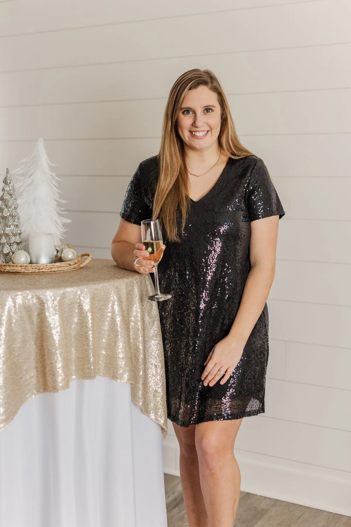 Chateau Dreams V-Neck Sequin Dress- Black